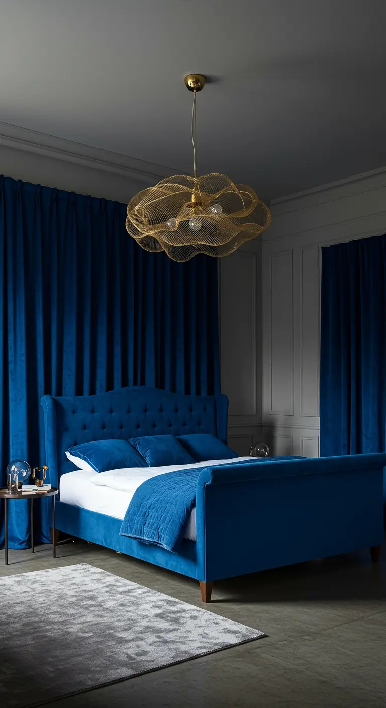 Bedroom dominated by a royal blue velvet sleigh bed and curtains, with a gold wire chandelier.