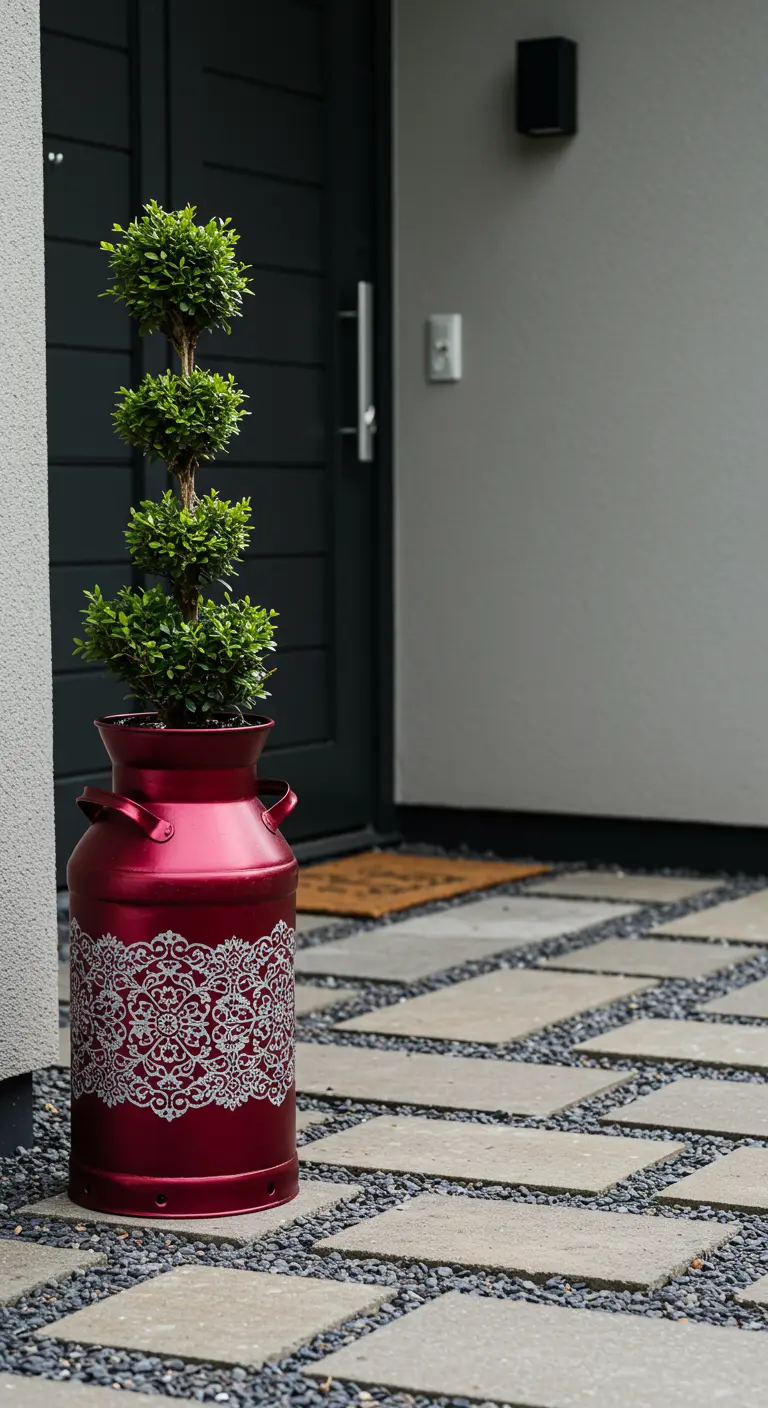 A glossy red milk can with a white lace stencil holds a green topiary by a modern front door.