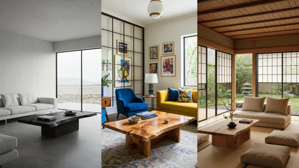 Modern rustic living rooms featuring diverse live edge coffee tables & steel-framed windows for hybrid style.