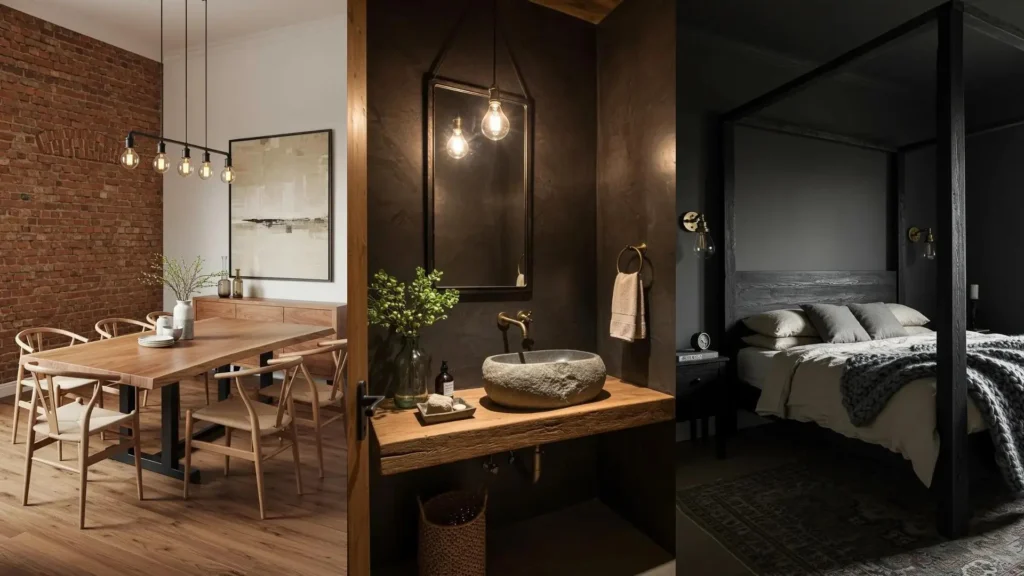 Modern rustic interiors with raw materials like brick, wood, and stone, plus neutral palettes for organic simplicity.