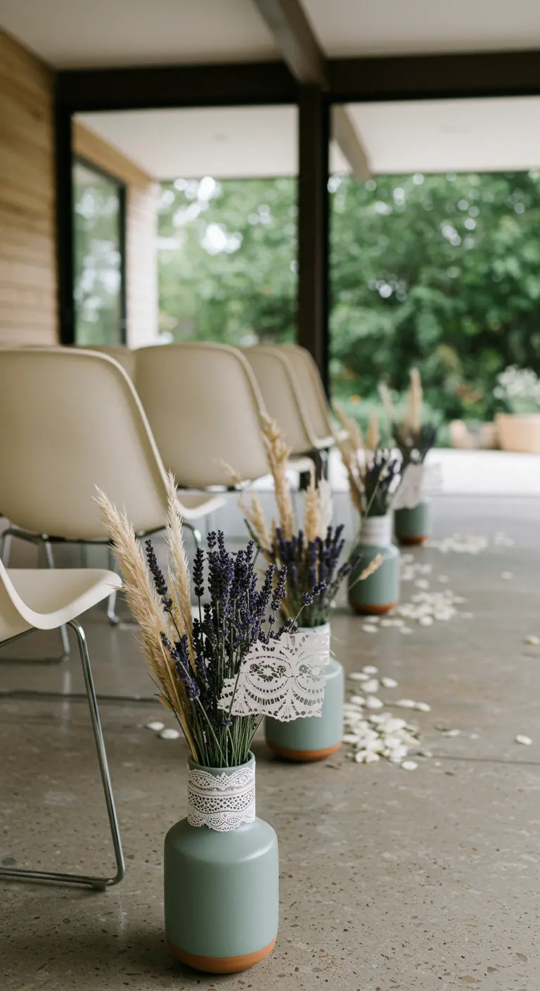 Modern sage green vases with lavender, pampas grass, and a lace band.
