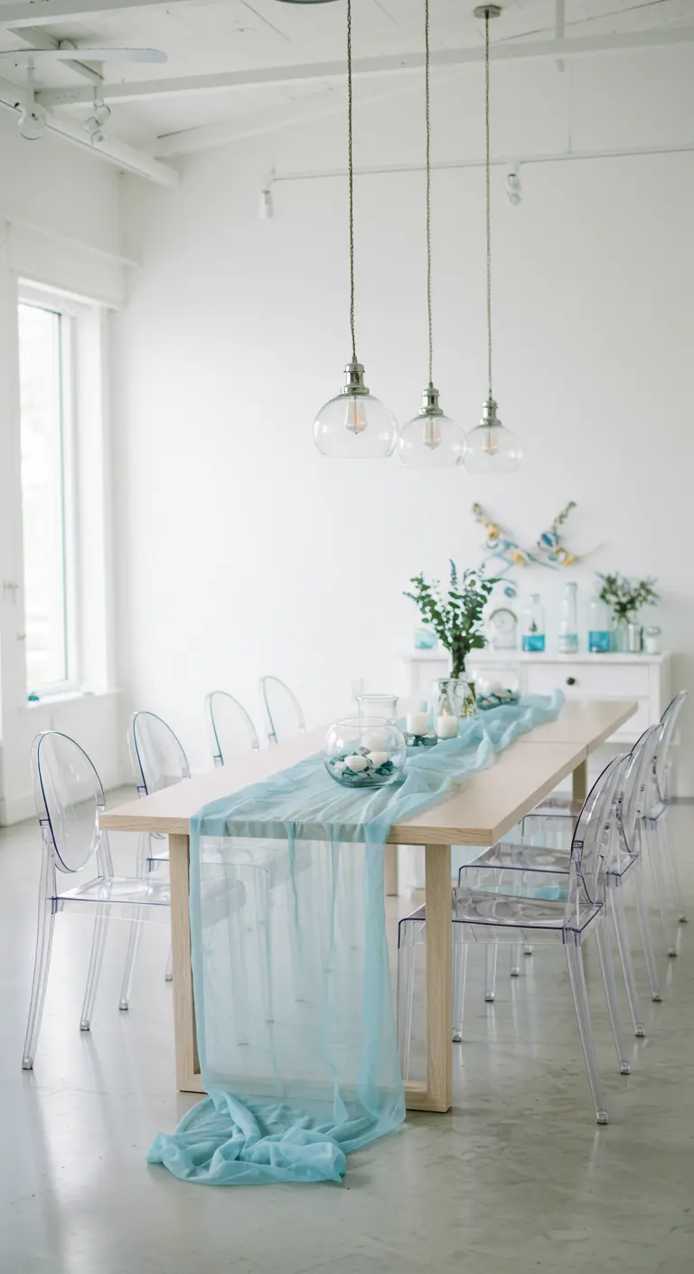 Modern dining table with a sheer aqua runner, glass bowl centerpieces, and clear chairs.