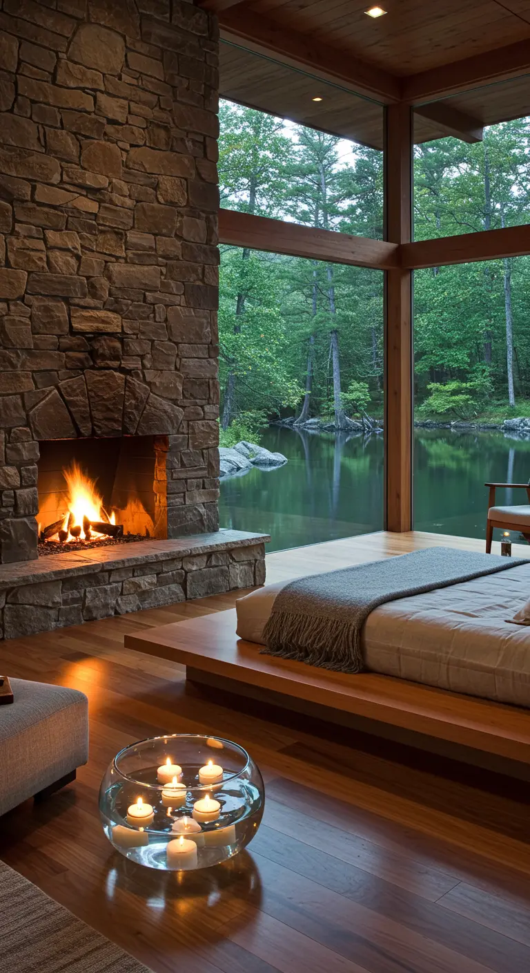 Modern bedroom with a low platform bed, stone fireplace, and a bowl of floating candles.