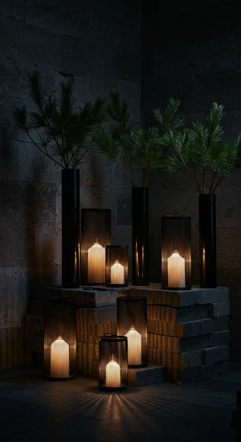 Modern black slatted lanterns and vases with pine branches cast dramatic shadows.