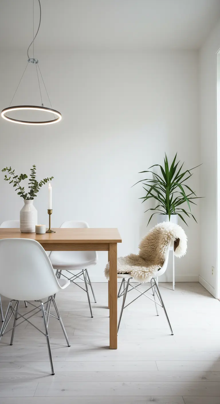 Light oak dining table with white modern chairs, one with a sheepskin throw, under a circular LED pendant light.