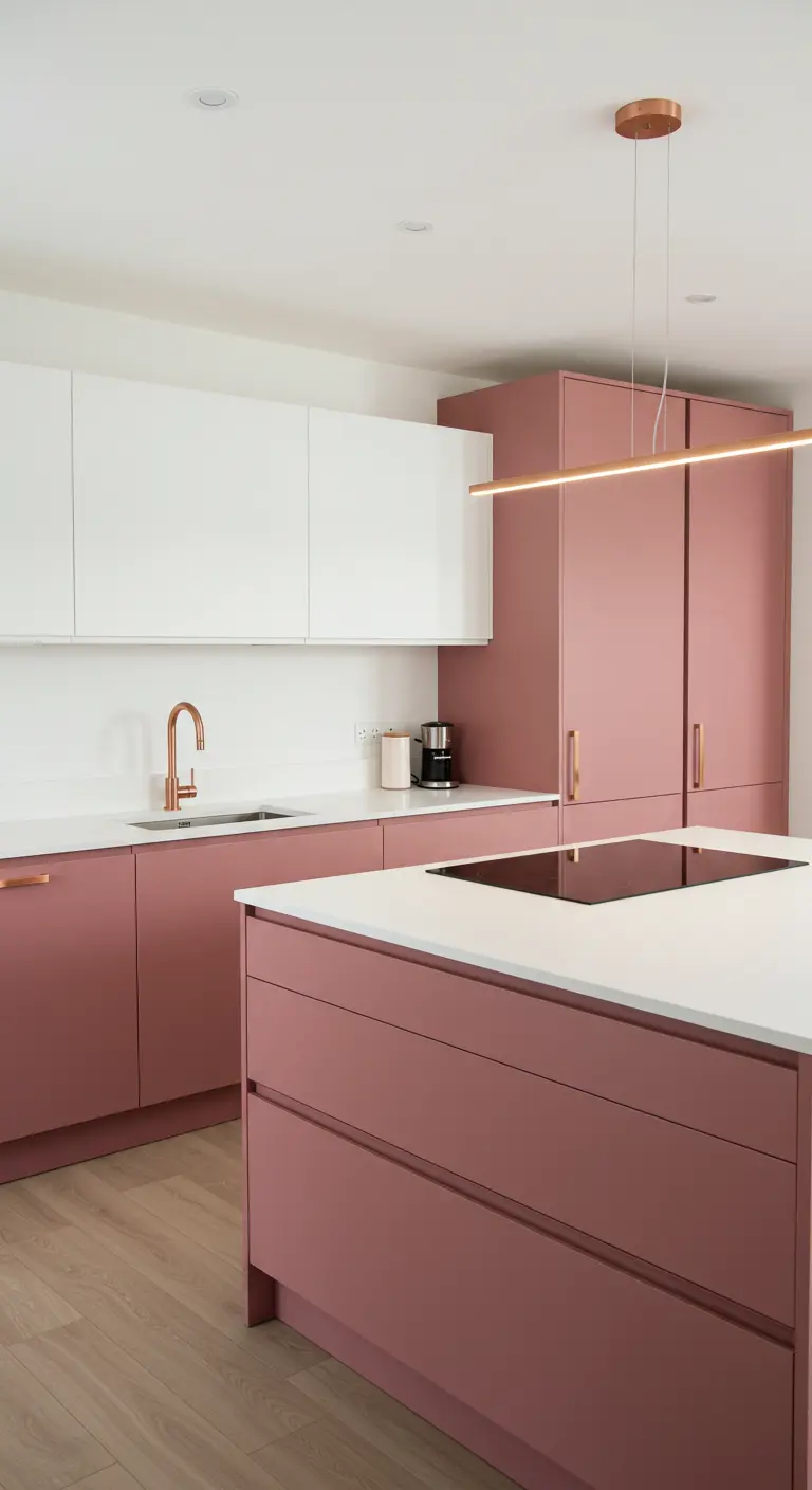 Modern kitchen with white upper cabinets and pink lower cabinets with a rose gold faucet.