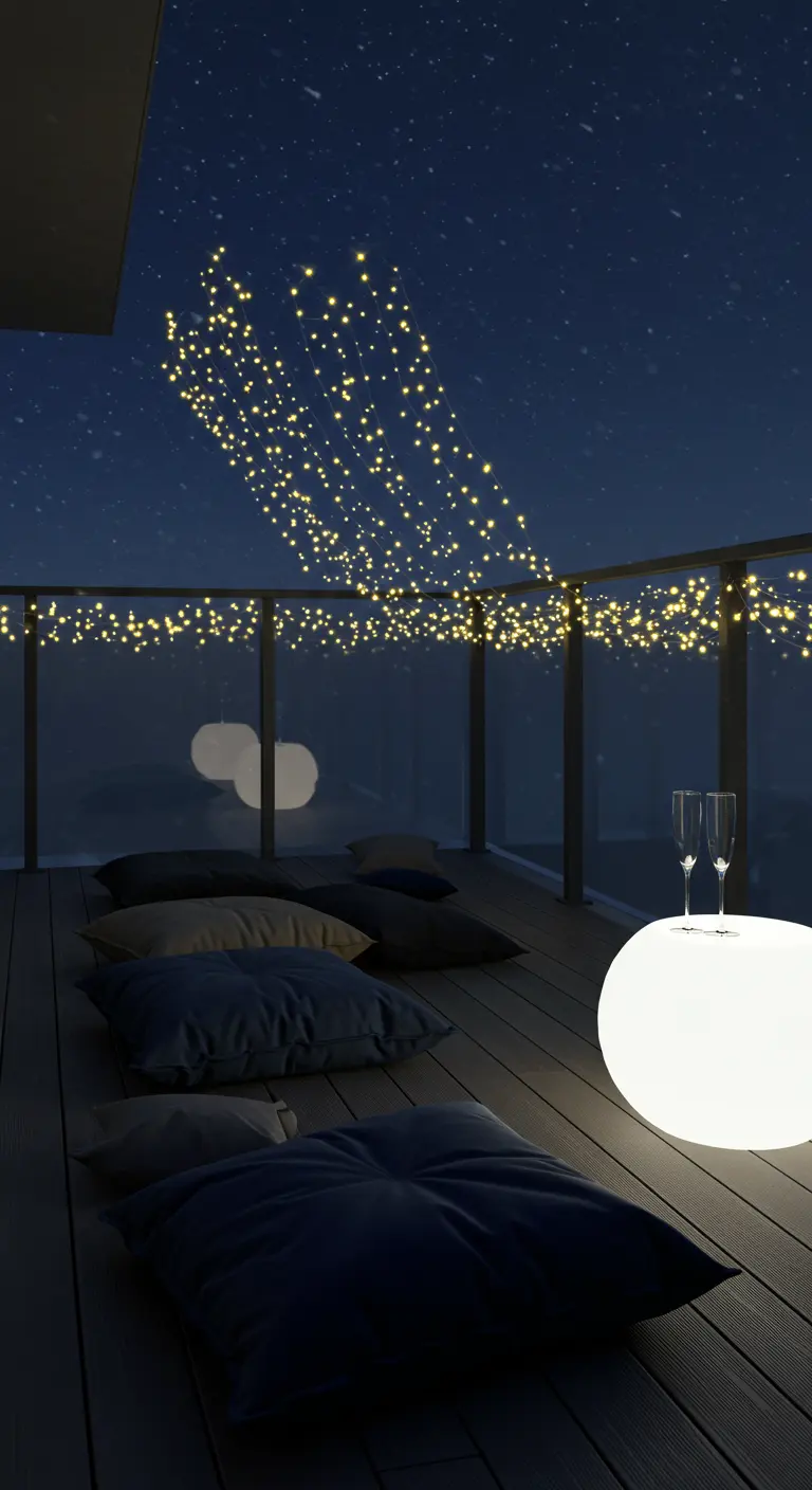 Modern balcony with projected star lights, sleek cushions, and an illuminated orb table.