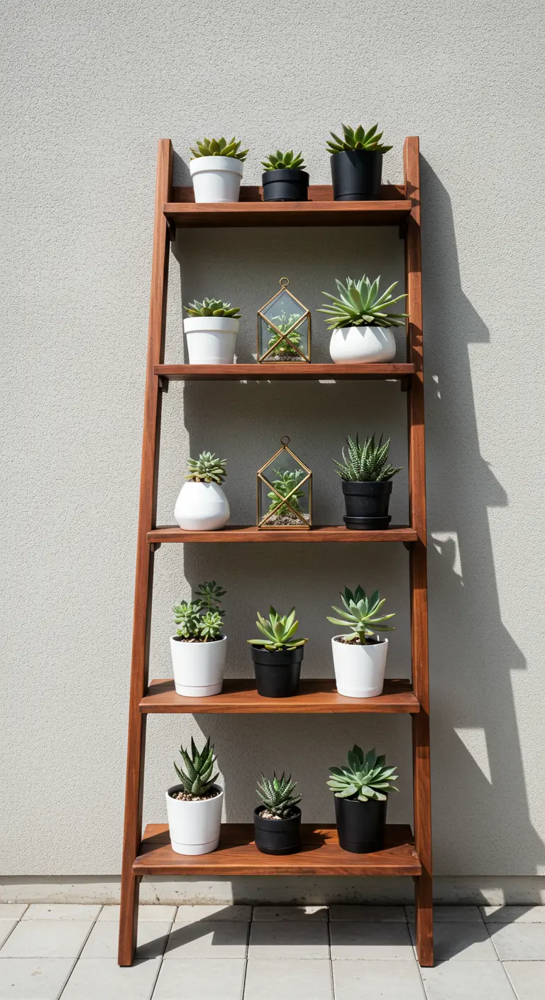 Sleek wooden ladder with a collection of succulents in modern black and white pots.