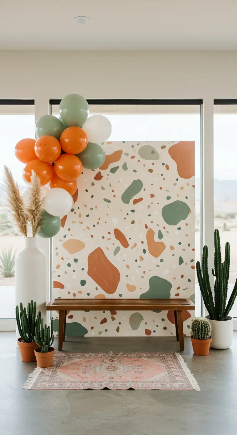 A backdrop painted with a terrazzo pattern in earthy tones, styled with cacti and a bench.