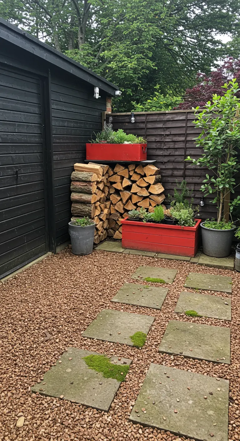 A neat stack of firewood next to red planters and gravel pavers in a modern garden corner.
