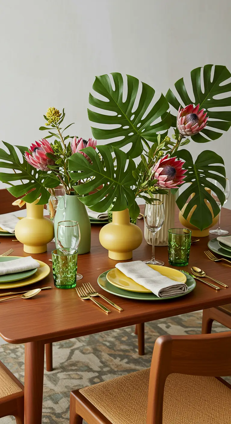 Modern wooden table with a vibrant tropical centerpiece of monstera leaves and protea flowers.