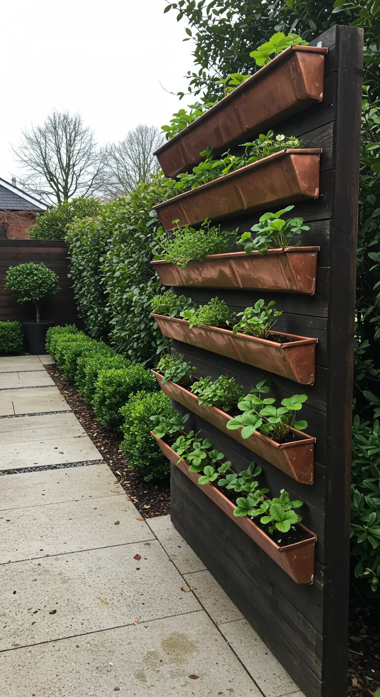 Copper vertical planters on a dark wood privacy wall with greens and strawberries