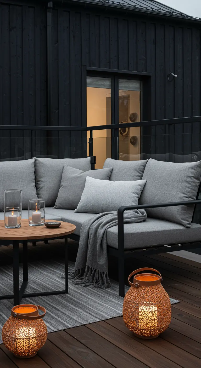 Balcony with a modern grey sofa, a cozy throw, and two intricate metal lanterns on the floor.