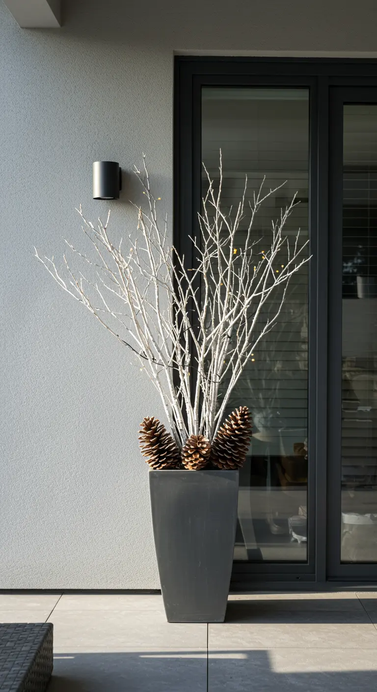 A minimalist dark planter with white branches, pinecones, and tiny lights.