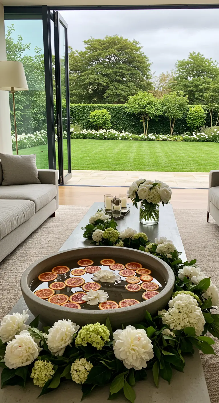A large concrete bowl on a coffee table with floating slices of blood orange and white flowers.