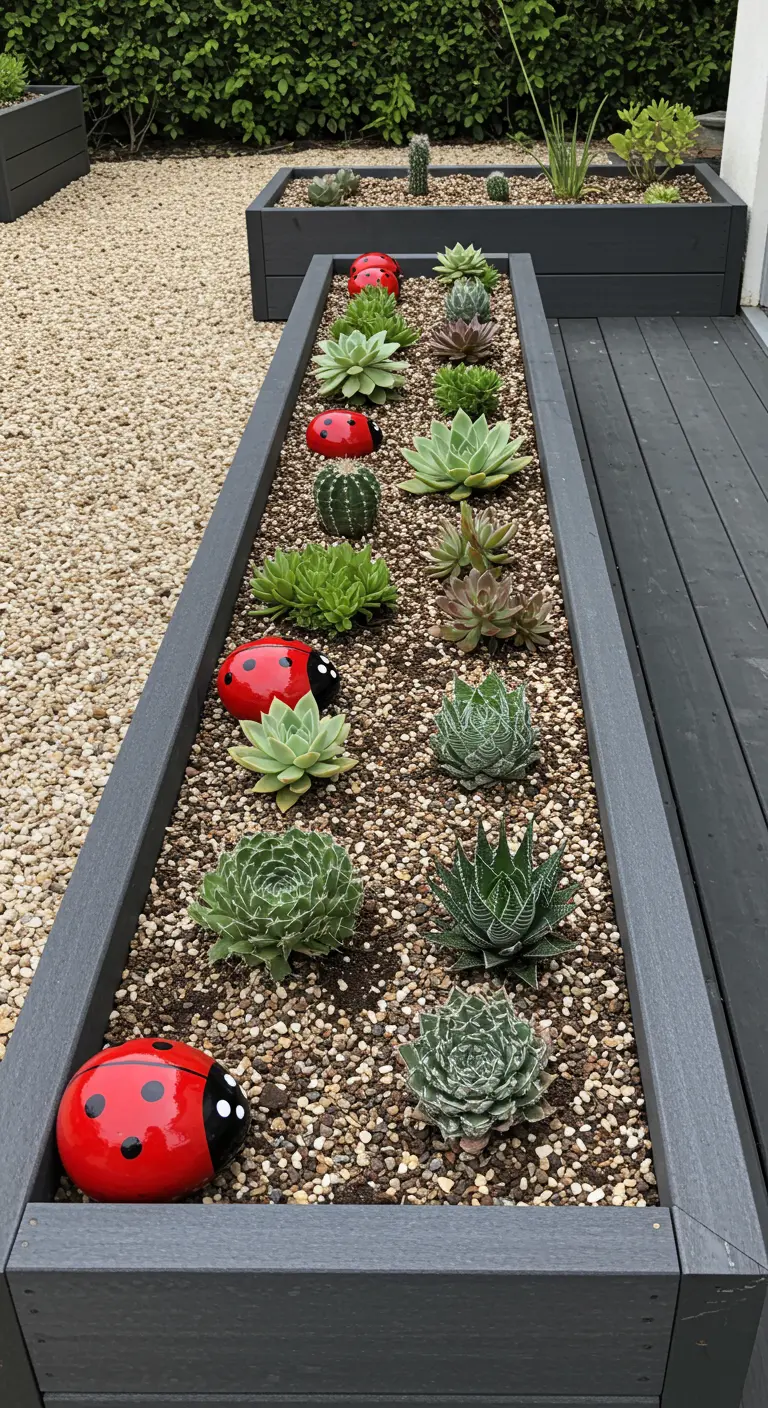Large red ladybug rocks placed among various succulents in a modern, dark grey planter box.