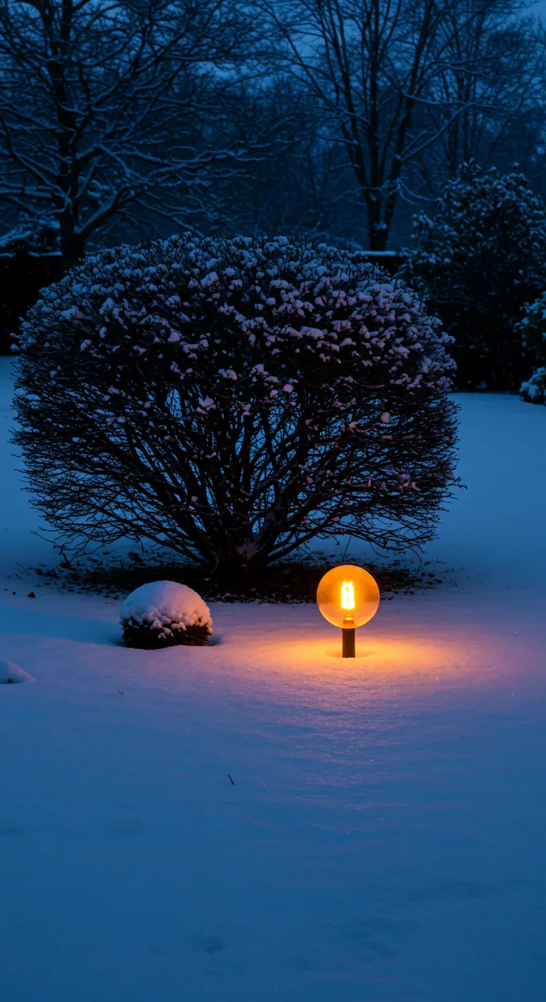 A single globe light with a visible filament bulb glowing in the snow next to a shrub.