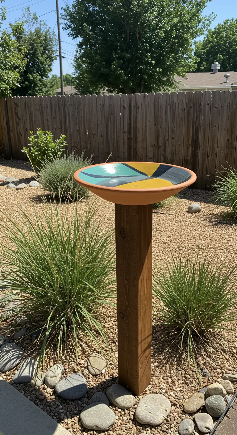 A modern, color-blocked painted birdbath on a simple wood post in a gravel garden.