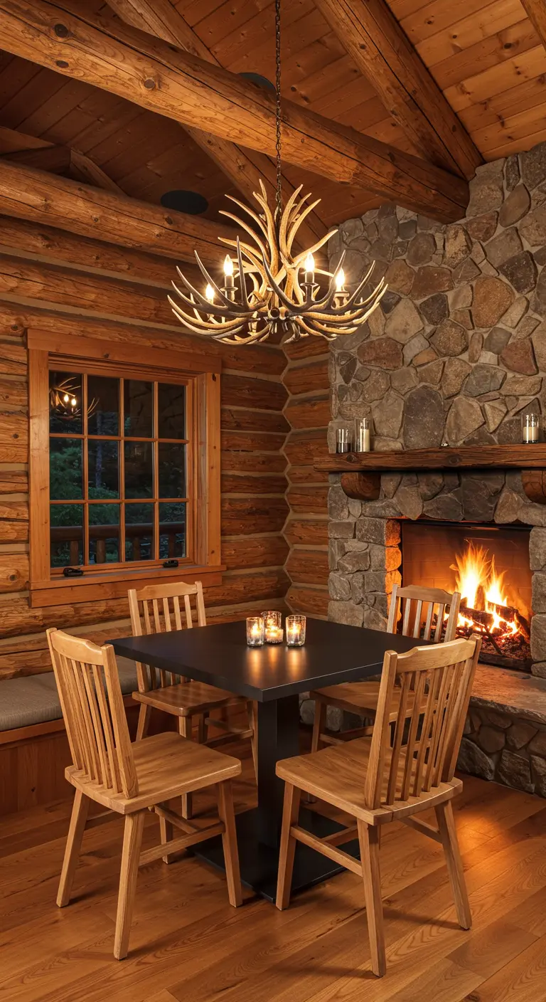 A cozy log cabin dining area with a square black table by a stone fireplace.