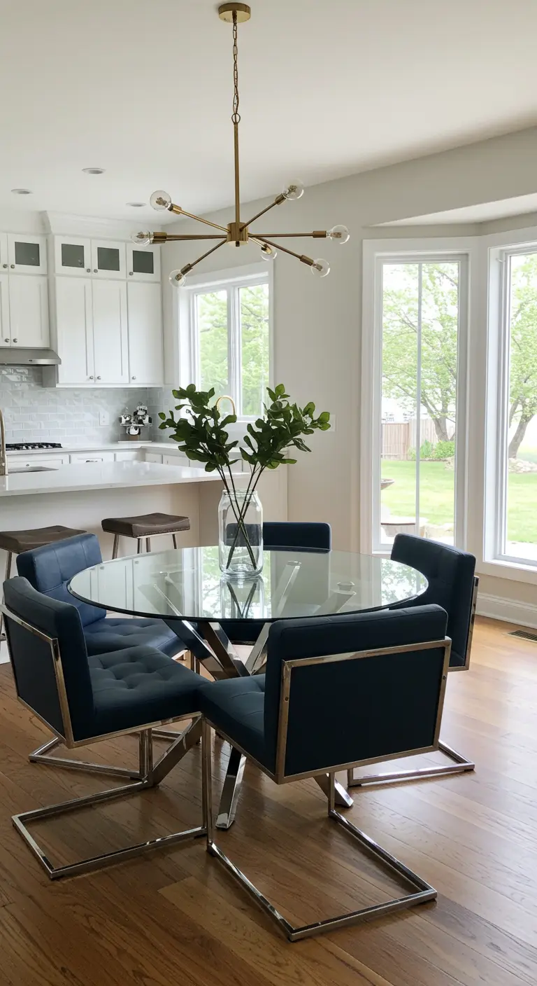 Round glass table with navy blue chairs in a bright white kitchen.