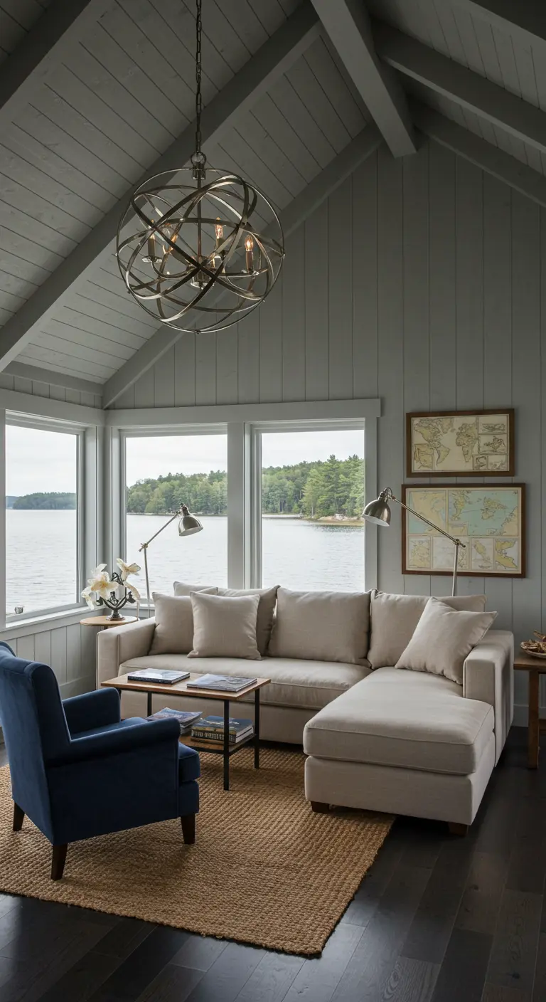 Lakeside room with gray walls, a navy armchair, and a polished nickel orb chandelier.