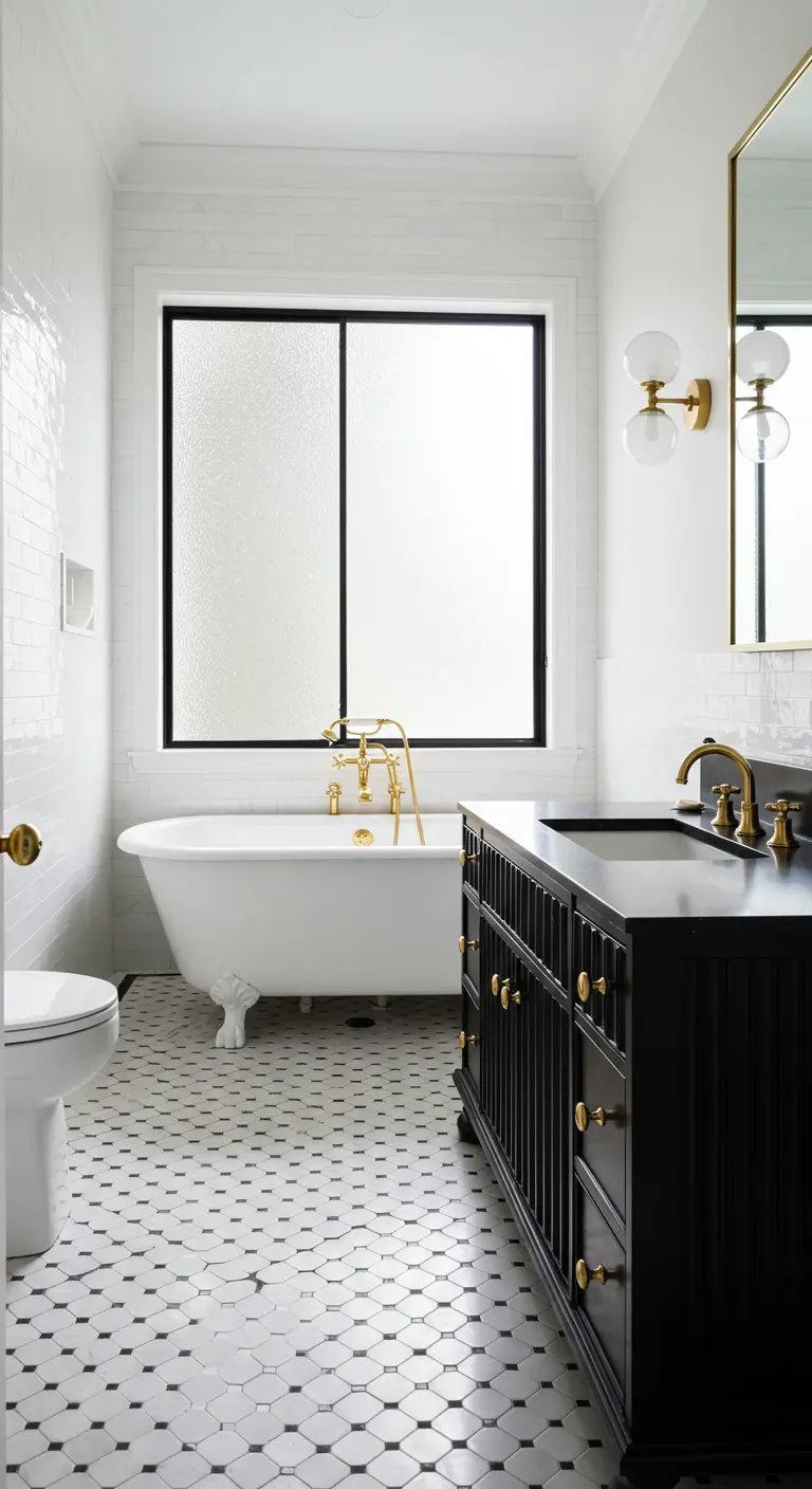 White bathroom with black vanity, clawfoot tub, and black and white mosaic floor tile.