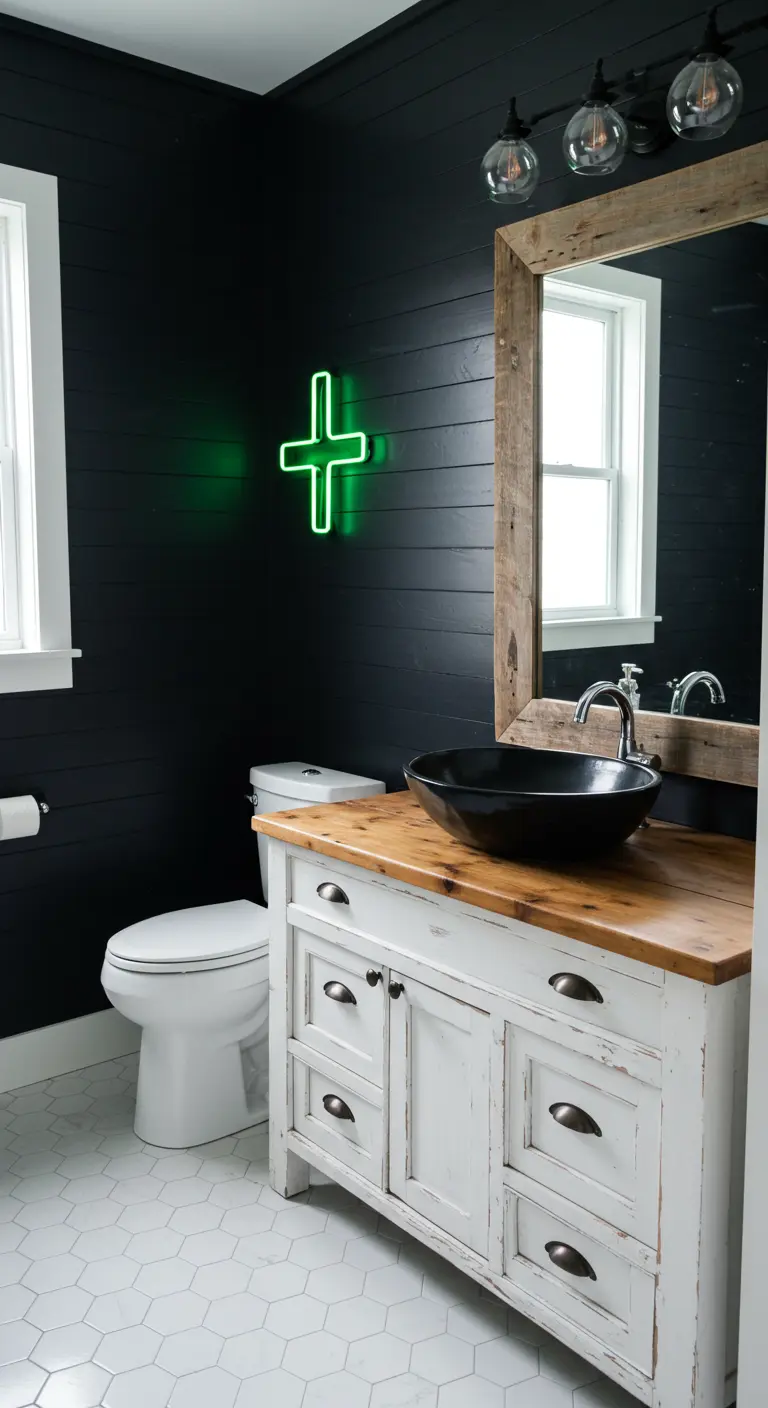 Farmhouse bathroom with black shiplap walls and a green neon cross sign.