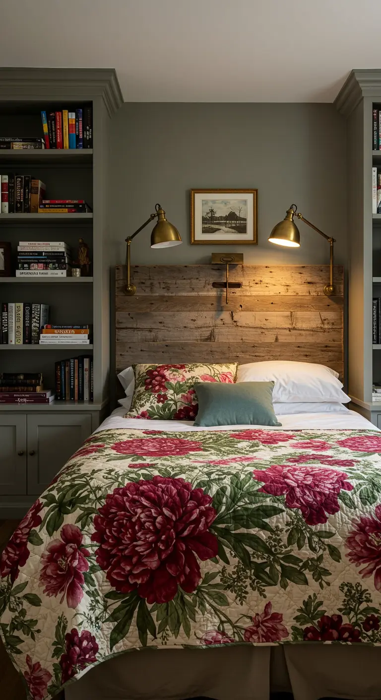Grey bedroom with built-in shelves and a bold pink floral quilt.