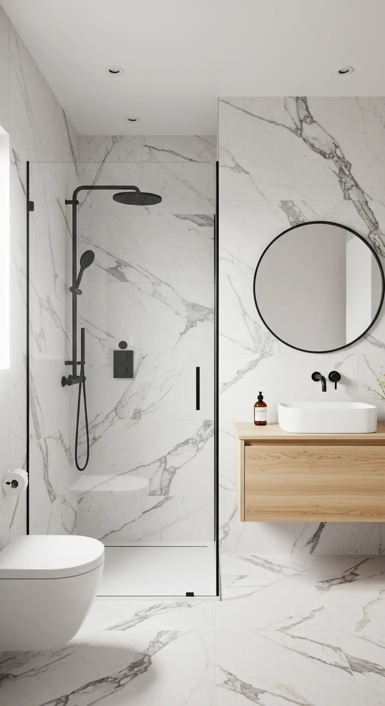 Marble bathroom with matte black fixtures, a round mirror, and an oak vanity.