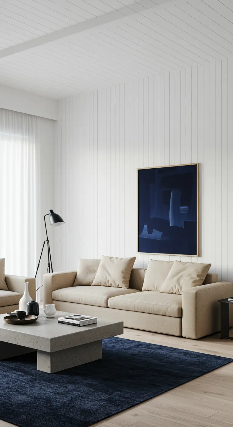 Modern living room with vertical white wall paneling, a beige sofa, and a dark blue rug.