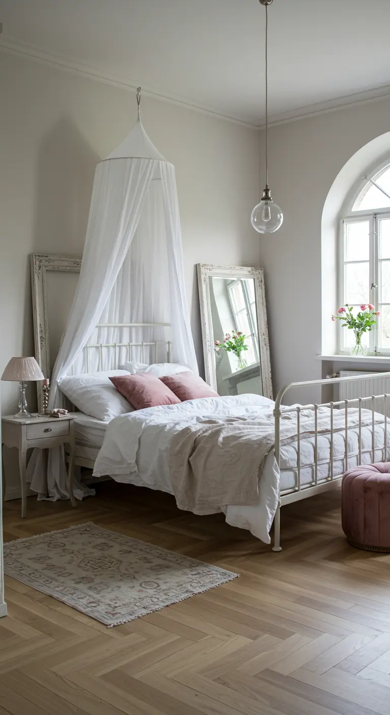 Romantic bedroom with a white iron bed, sheer canopy, and dusty pink pillows.