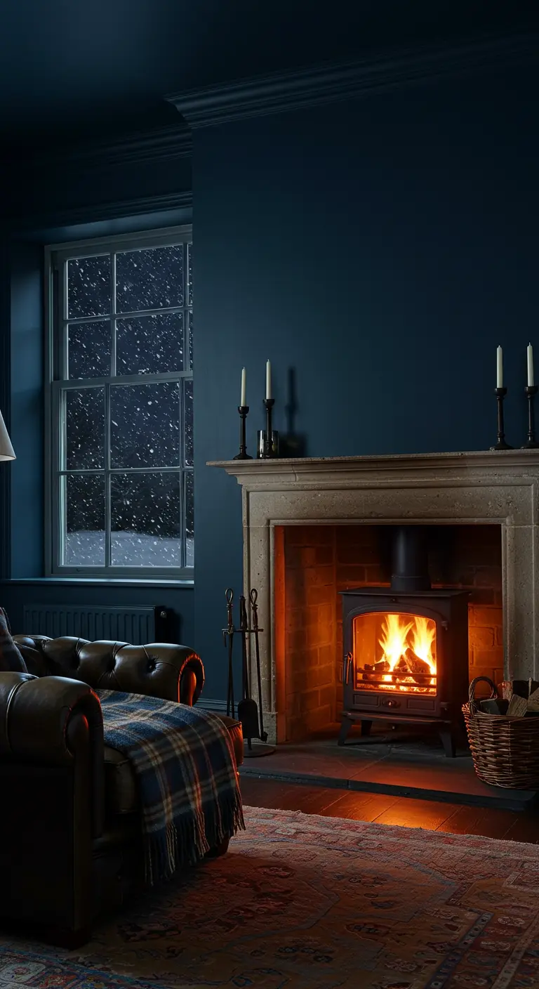 A leather armchair with a plaid blanket sits by a modern wood-burning stove.