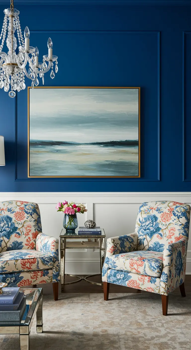 Living room with blue walls, white wainscoting, and two traditional floral armchairs.