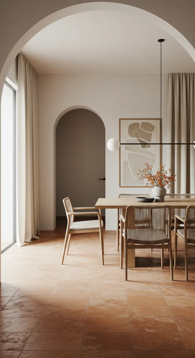Minimalist dining room with light wood furniture, terracotta floors, and arched doorways.