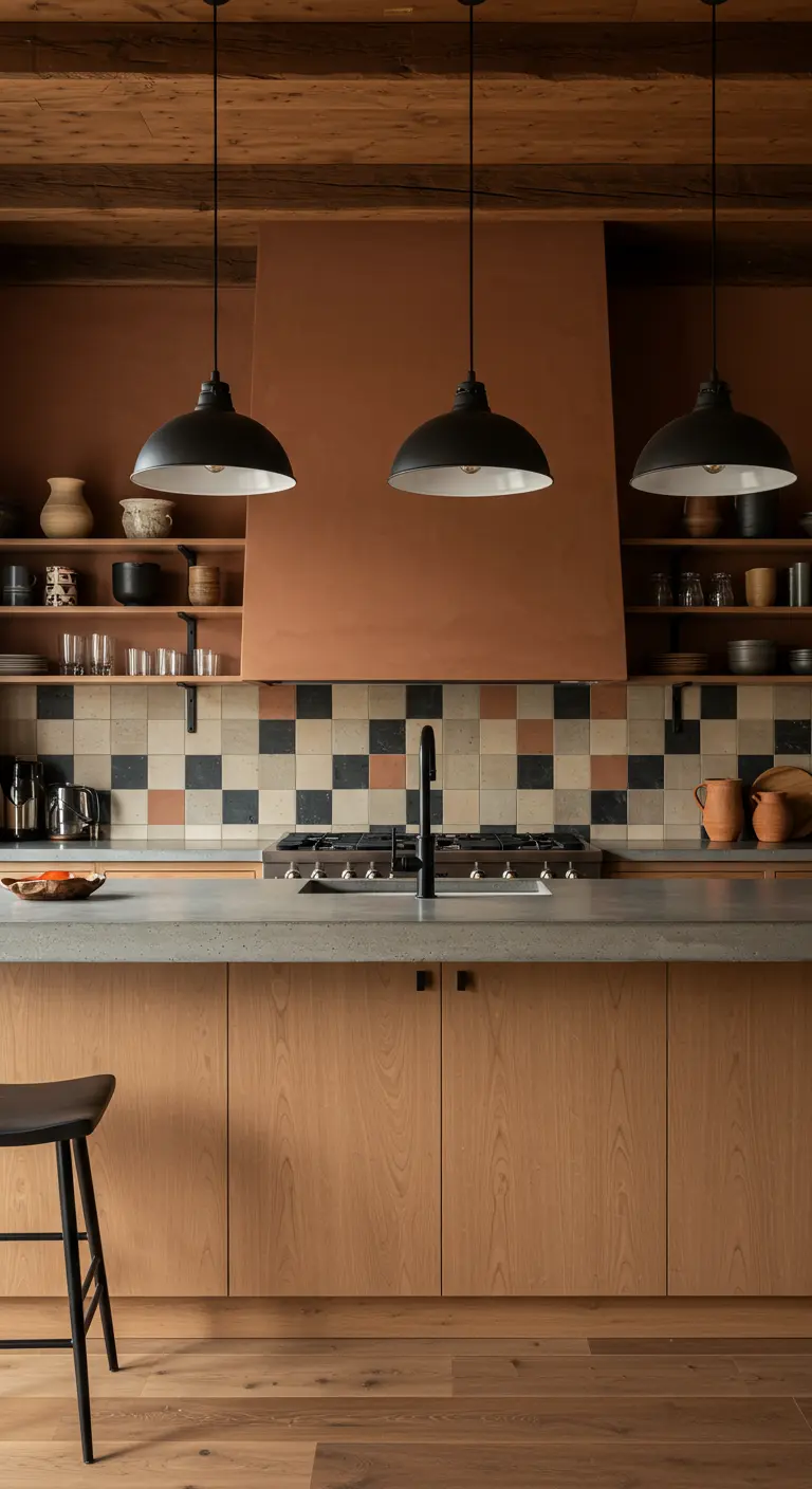 Modern kitchen with terra cotta walls, checkerboard backsplash, and black pendant lights.