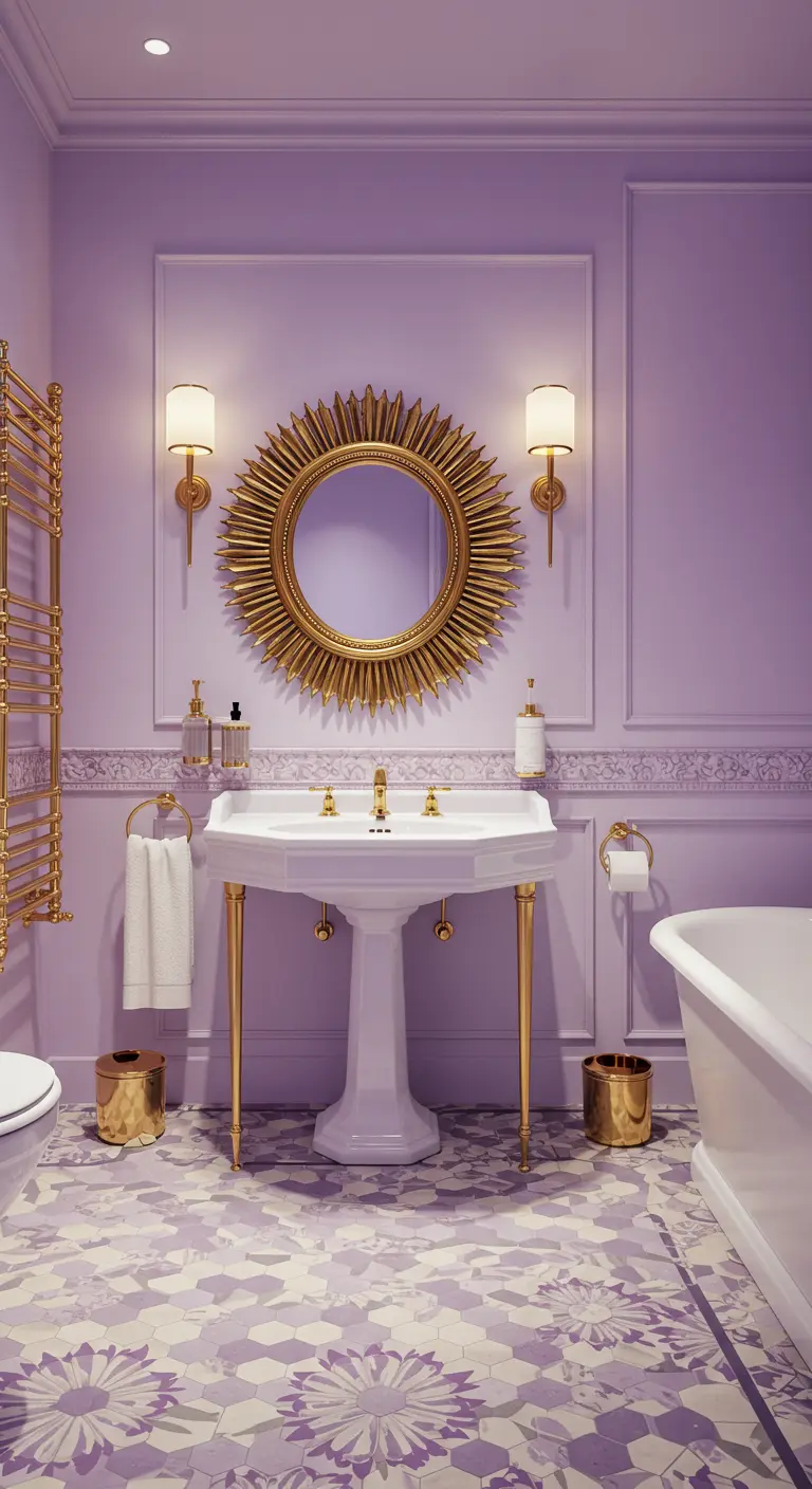 Lavender bathroom with a gold sunburst mirror and gold fixtures.