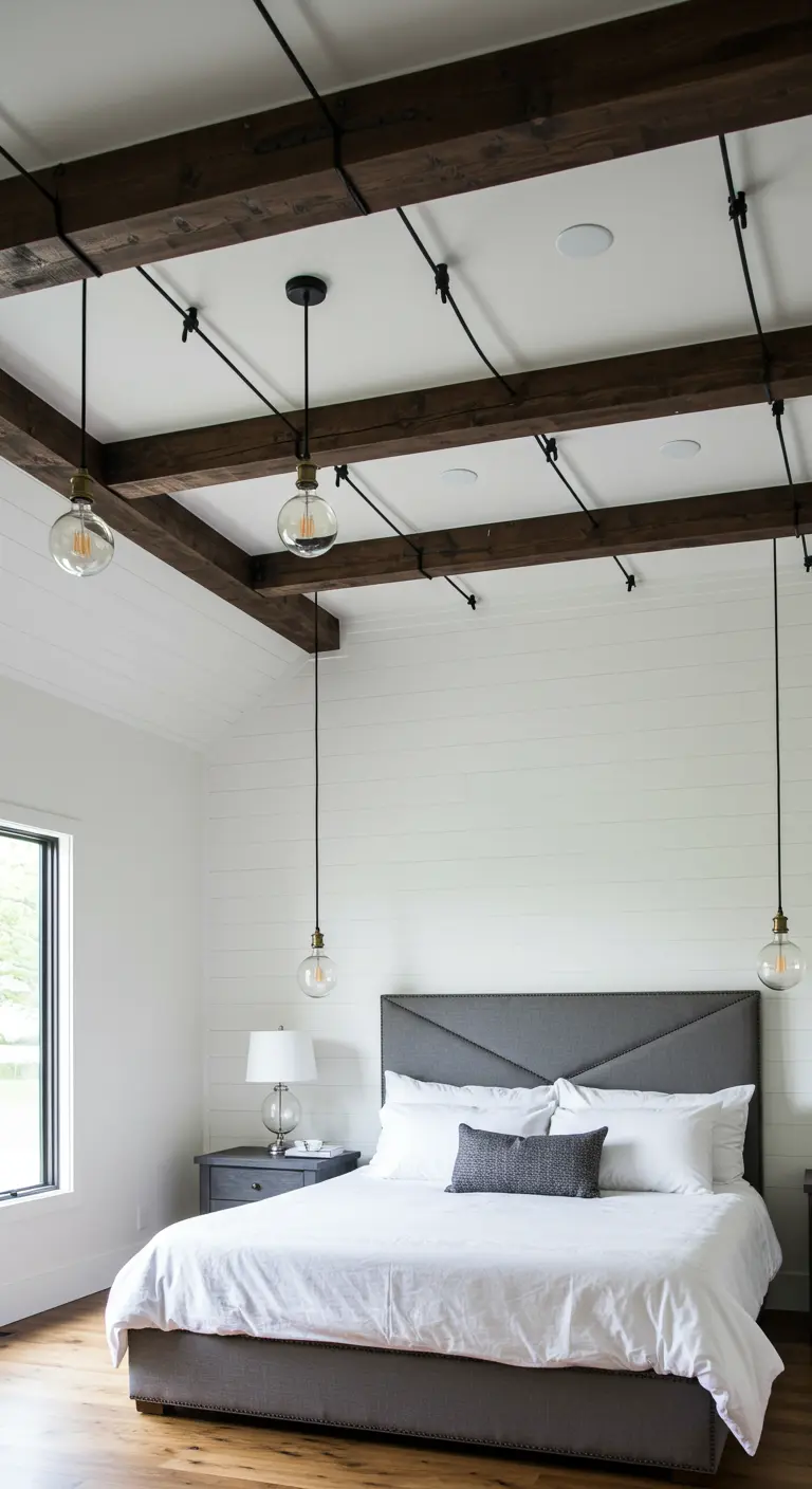 White bedroom with dark beams and a modern track lighting system with hanging bulbs.