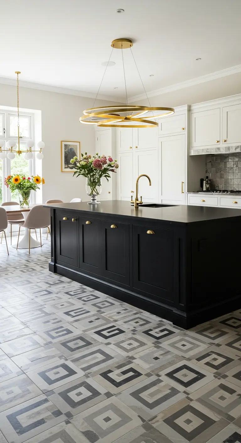 Kitchen with a black island, patterned floor, and a modern gold ring chandelier.