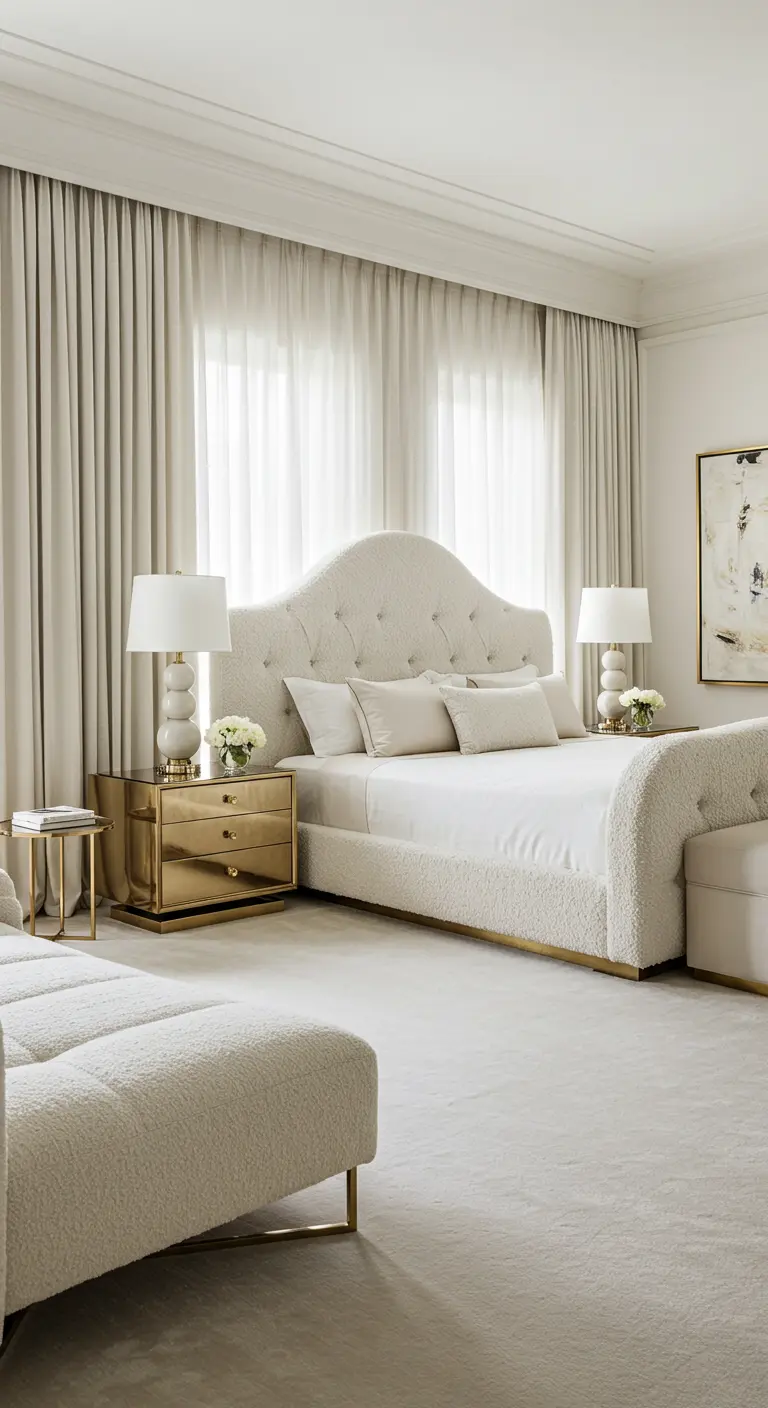 An all-white and cream bedroom with a textured bouclé bed and gold nightstands.