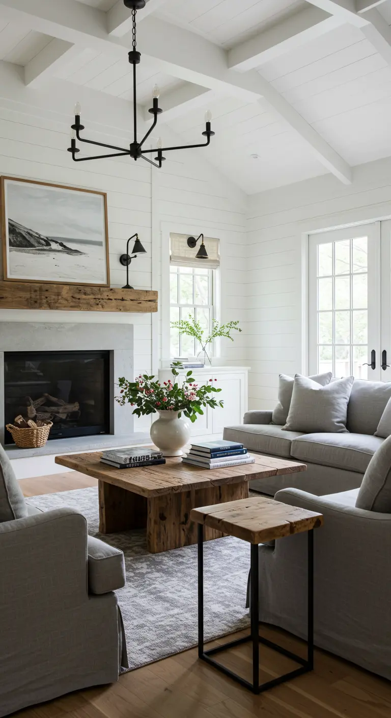Modern farmhouse living room with a concrete fireplace, black chandelier, and rustic wood mantel.