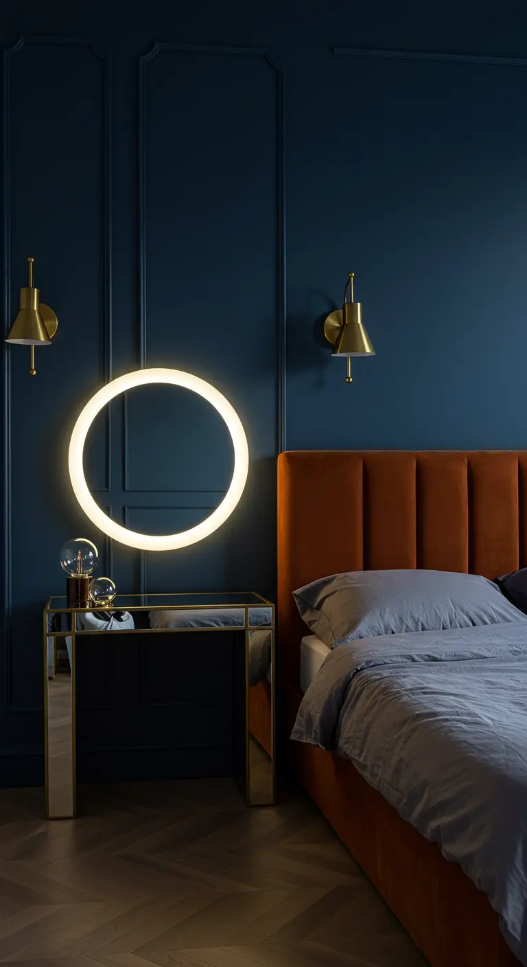 Modern bedroom with a burnt orange bed and a large, halo-lit round mirror over the nightstand.