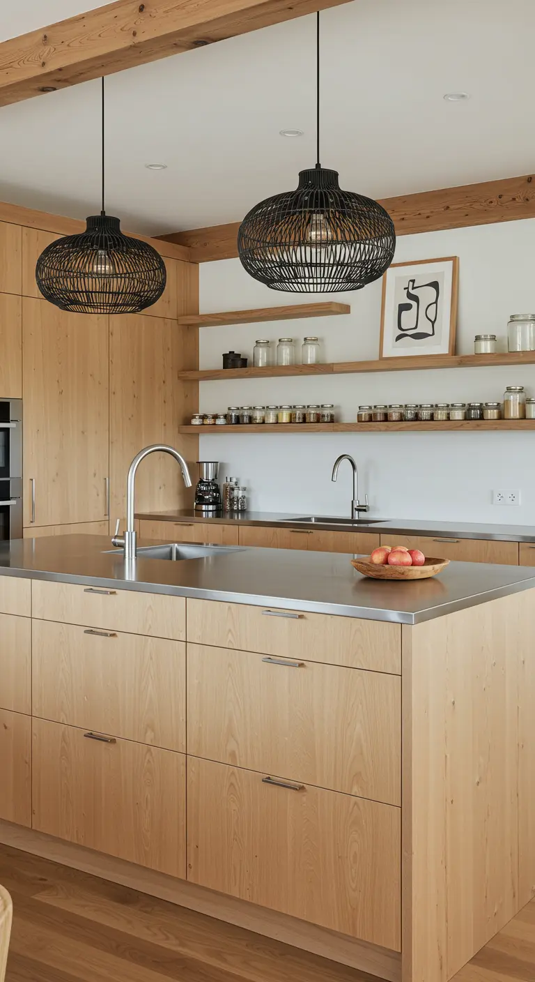 Two black woven pendants over a kitchen island with stainless steel countertops and oak cabinets.