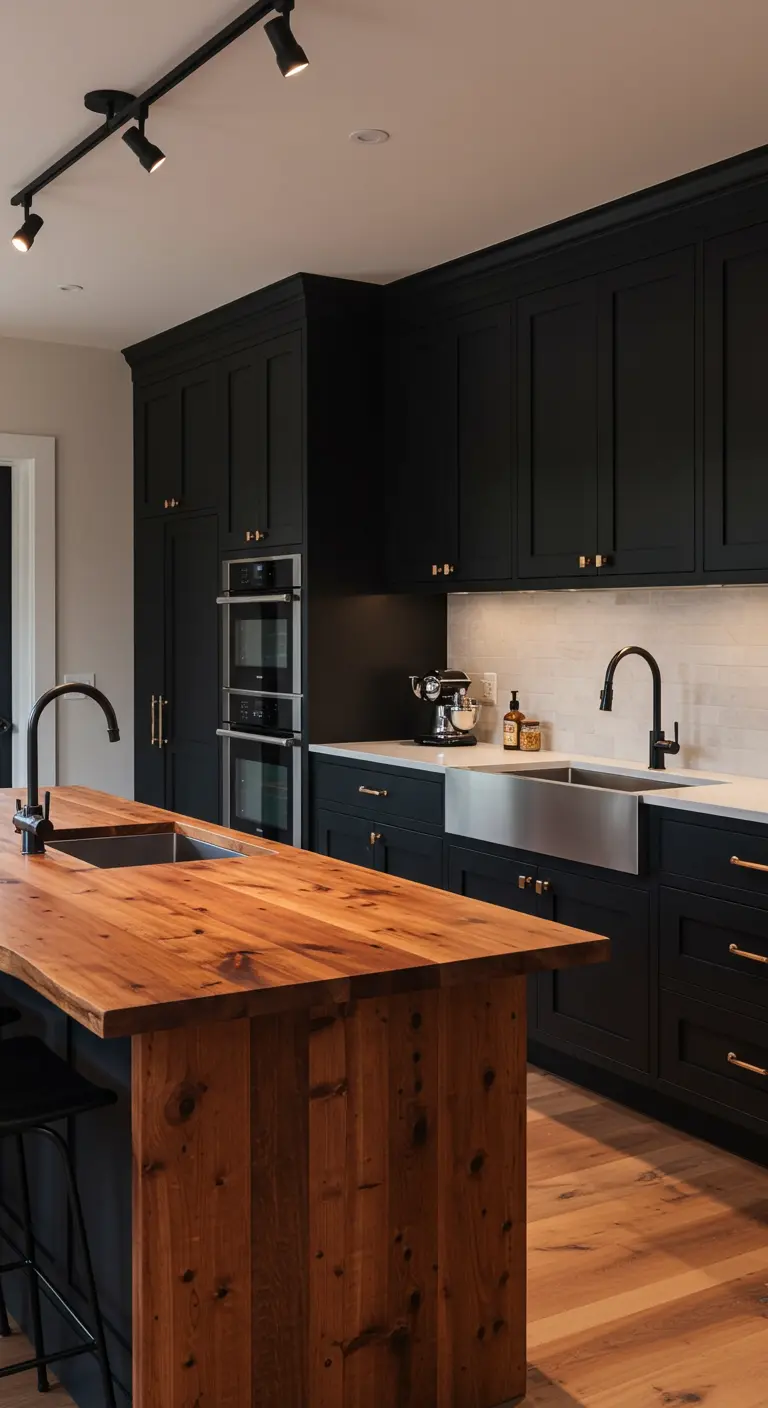 Kitchen with matte black cabinets, wood island, and a stainless steel farmhouse sink.