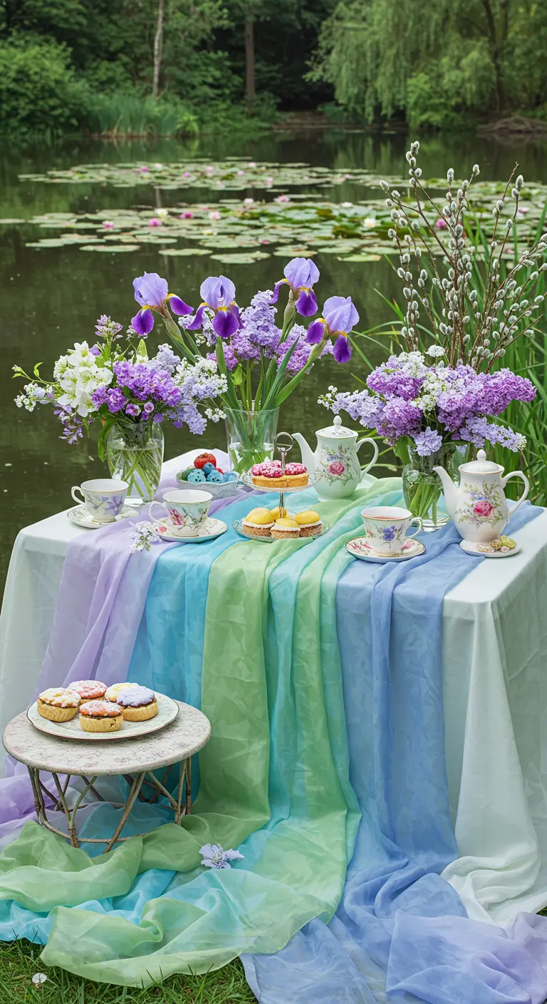 A lakeside tea party table with a draped, multi-colored pastel tablecloth and purple flowers.