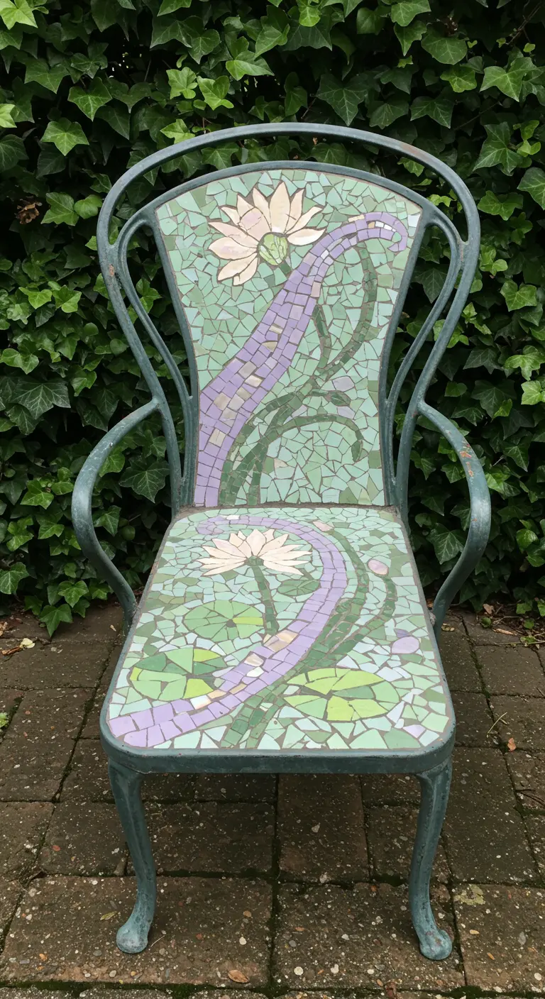 A vintage metal garden chair with a mosaic of pink and white water lilies against a green and purple background.