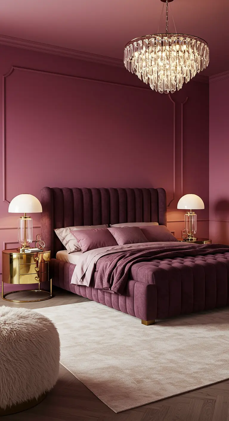 A luxurious bedroom with a plum velvet bed, matching walls, and a crystal chandelier.