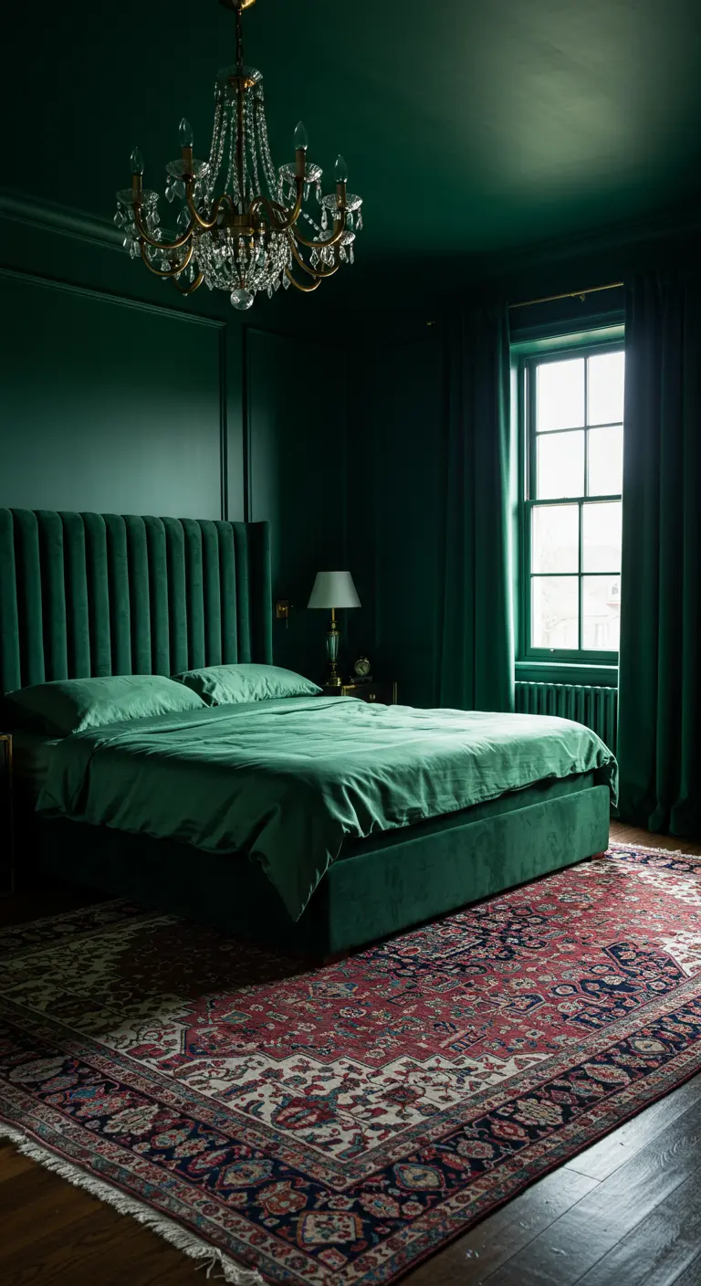 Emerald green bedroom with velvet headboard and crystal chandelier.