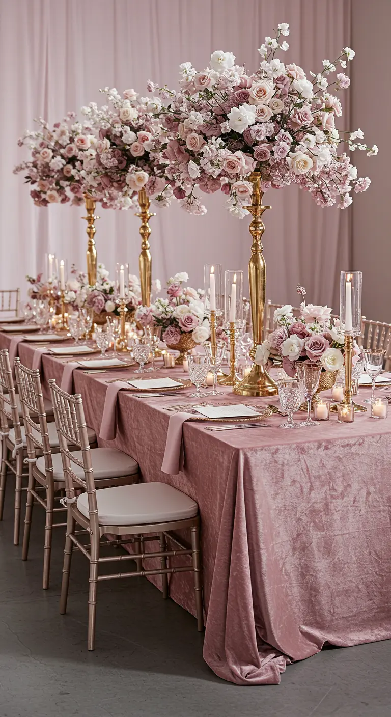 A long table decorated entirely in shades of mauve and dusty rose, with lavish floral arrangements.