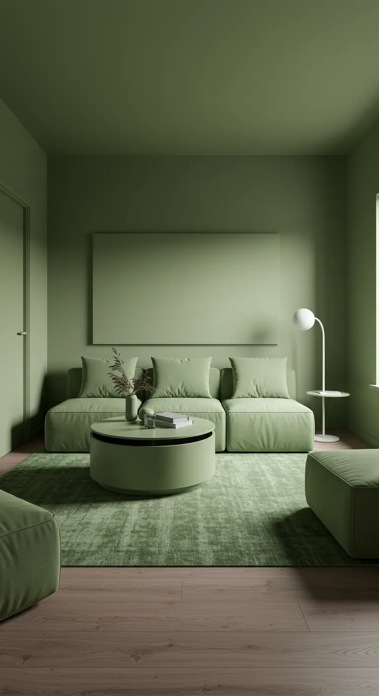 Monochromatic sage green living room with a matching sofa and round coffee table.