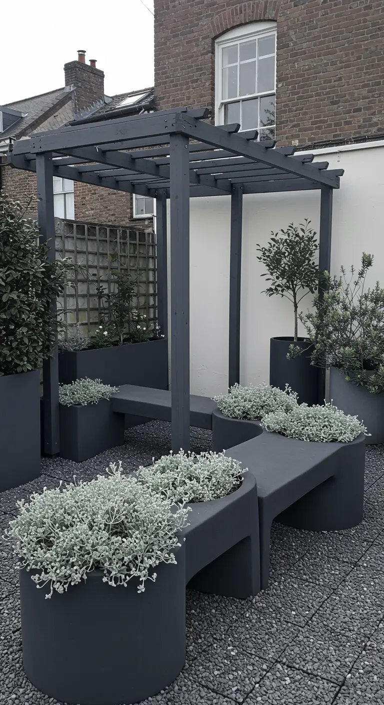 A modern patio with a grey pergola and matching grey curved benches that have integrated planters.